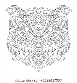 Owl. Design Zentangle. Hand drawn owl with abstract patterns on isolation background. Design for spiritual relaxation for adults. Black and white illustration for coloring. adult coloring page 2.0