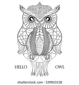 Owl. Design Zentangle. Hand drawn owl with abstract patterns on isolation background. Design for spiritual relaxation for adults.  Black and white illustration for coloring. Zen art