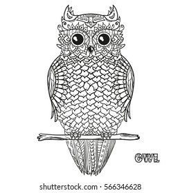 Owl. Design Zentangle. Hand drawn owl with abstract patterns on isolation background. Design for spiritual relaxation for adults.  Black and white illustration for coloring. Zen art