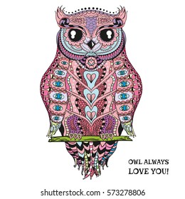 Owl. Design Zentangle. Hand drawn owl with abstract patterns on isolation background. Design for spiritual relaxation for adults. Zen art