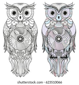 Owl. Design Zentangle. Hand drawn owl with abstract patterns on isolation background. Design for spiritual relaxation for adults.  Black and white illustration for coloring. Colored illustration.