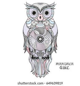 Owl. Design Zentangle. Hand drawn owl with abstract patterns on isolation background. Design for spiritual relaxation for adults. Line art creation.
