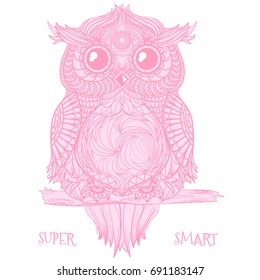 Owl. Design Zentangle. Hand drawn owl with abstract patterns on isolation background. Design for spiritual relaxation for adults.  Print for textiles, fabrics, polygraphy, posters, textiles. Zen art