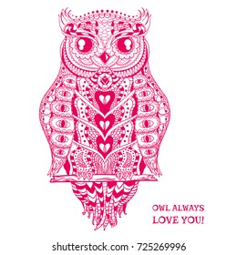 Owl. Design Zentangle. Hand drawn abstract patterns on isolation background. Design for spiritual relaxation for adults. Outline for tattoo, printing on t-shirts, posters and other