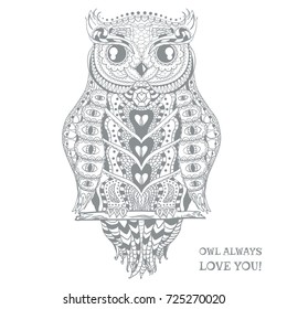 Owl. Design Zentangle. Hand drawn abstract patterns on isolation background. Design for spiritual relaxation for adults. Outline for tattoo, printing on t-shirts, posters and other