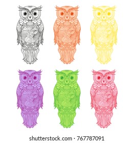 Owl. Design Zentangle. Set of cute owls. Detailed hand drawn vintage owl with abstract patterns on isolation background. Design for spiritual relaxation for adults. Outline for tattoo, t-shirts
