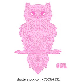 Owl. Detailed hand drawn vintage owl with abstract patterns on isolation background. Design for spiritual relaxation for adults. Outline for tattoo, printing on t-shirts, posters. Design Zentangle