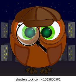 owl detective with a magnifying glass. vector cartoon illustration.