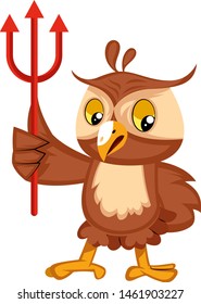 Owl with devil fork, illustration, vector on white background.
