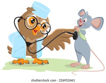 Owl doctor and patient mouse. Vector cartoon illustration