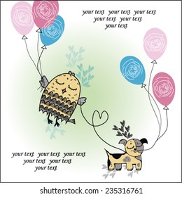 owl and a dog with balloons congratulate