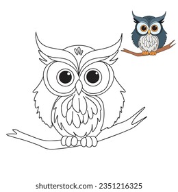 Owl doodle. Owl bird coloring page. Bird coloring book for children education. Vector illustration.