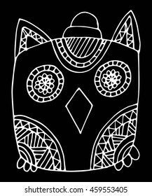 owl doodle on black background