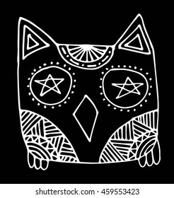 owl doodle on black background