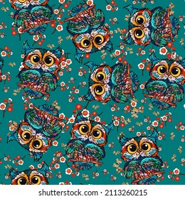 OWL doodle seamless pattern. Vector background with owl heads can be used for  textile, tshirt, wallpapers, posters. Vector illustration.