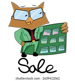 Owl drag dealer, offering discounts on her product. A bird is a medic who sells drugs. Something a suspicious and tense character in a green suit. Illustration for advertising, banners or design.