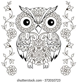 Owl Drawing For Coloring Antistress.