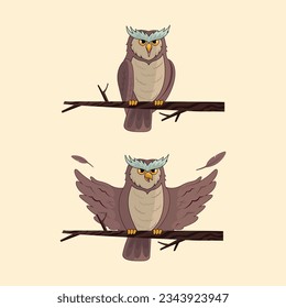 Owl drawing with versions sitting and spreading its wings. Vector