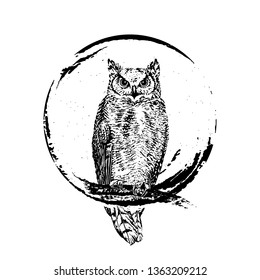 Owl drawn in black ink on a circle background.