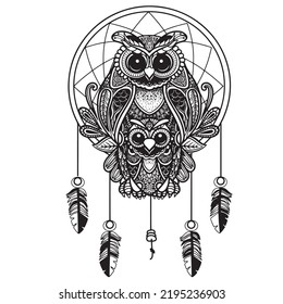 OWL and Dream catcher Black white hand drawn doodle. Ethnic patterned vector illustration.