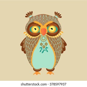 Owl dream catcher, bright color, vector illustration 