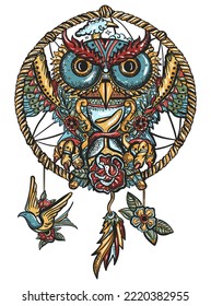 Owl and dream catcher talisman. Old school tattoo vector art. Hand drawn graphic. Isolated on white. Traditional flash tattooing