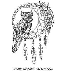 Owl and dreamcatcher hand drawn for adult coloring book