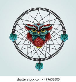Owl in Dreamcatcher on a white background. Vector image of a tattoo
