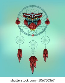 Owl in Dreamcatcher. Vector image of a tattoo