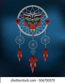 Owl In Dreamcatcher. Vector Image Of A Tattoo