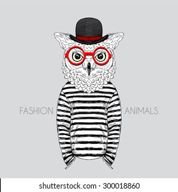 owl dressed up in frock, fashion animal illustration, anthropomorphic design, furry art, hand drawn graphic