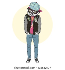 owl dressed up in hip hop style, furry art illustration, fashion animals