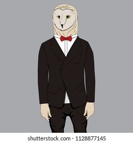 Owl dressed up in tuxedo. Anthropomorphic illustration, fashion animals
