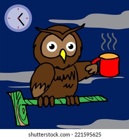 Owl Drinking Coffee And Can't Sleep Vector Flat Style Illustration