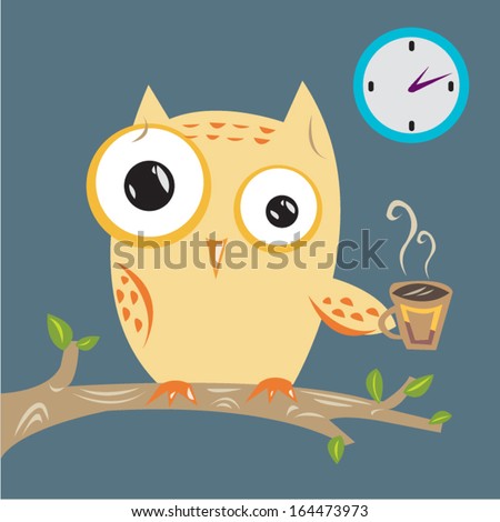 Owl drinking coffee and can't sleep vector flat style illustration. Editable Clip Art.