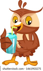 Owl drinking soda, illustration, vector on white background.