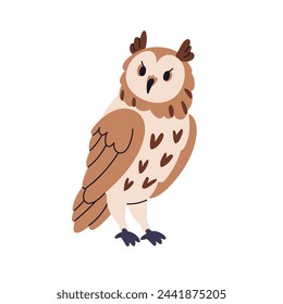 Owl, eared bird. Wild forest feathered animal. Wise horned uhu, bubo looking, staring with rotated head, funny serious expression. Flat vector illustration isolated on white background