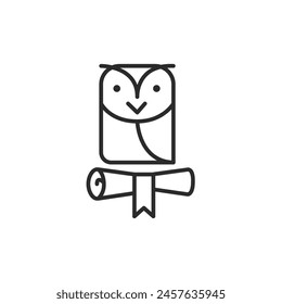 Owl education icon. A charming owl perched on a diploma, representing wisdom, knowledge, educational success. Ideal for use in educational contexts to denote academic achievement. Vector illustration