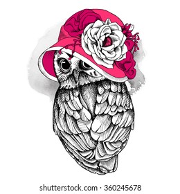 Owl in a Elegant pink women's hat with flower. Vector illustration.