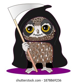 owl emoticon or emoji of angel of death in hood with a scythe, smiling grim reaper, with dark eyes and stitched laughing mouth, hand drawn cartoon character