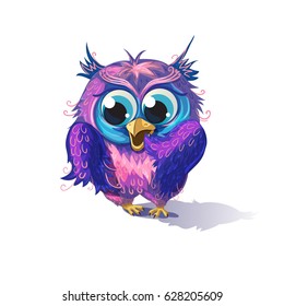 Owl with emotion surprised on a white background. Bird vector. Filin art. Owlet cute cartoon style. Night bird icon.Desing