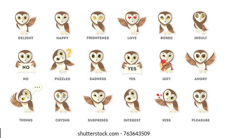 Owl emotions stickers. Fun and anger, sadness and joy.