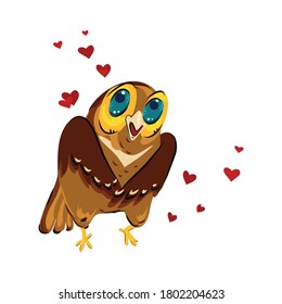 Owl. Enamored character surrounded by hearts. illustration in cartoon style. Flat vector.