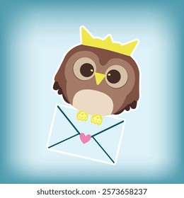 Owl with an envelope, love letter, Valentine's day art, 14-th of February, wedding invintation