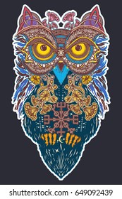 Owl in ethnic celtic style t-shirt design. Symbol of wisdom, meditation, thinking, philosophies, poetry 