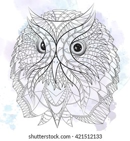 Owl in ethnic design. Illustration can be used in tattoos, posters, printing on T-shirts and other things.