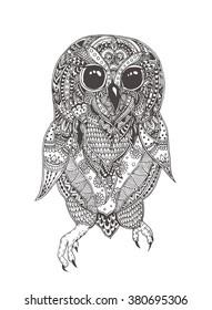 Owl with ethnic floral doodle pattern. Coloring page - zendala, design for spiritual relaxation for adults, vector illustration, isolated on a white background. Zen doodles.