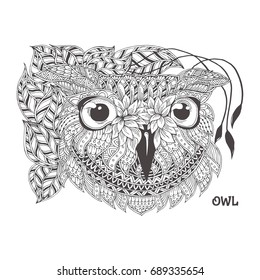 Owl with ethnic floral doodle pattern. Coloring page - zendala, design for spiritual relaxation for adults, vector illustration, isolated on a white background. Zen doodles.