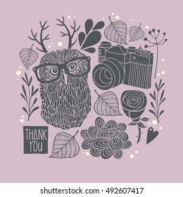 Owl in eyeglasses with horns. Vector card cover.  Creative print for decoration on the wall.