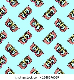 Owl eyes, seamless pattern on blue background.